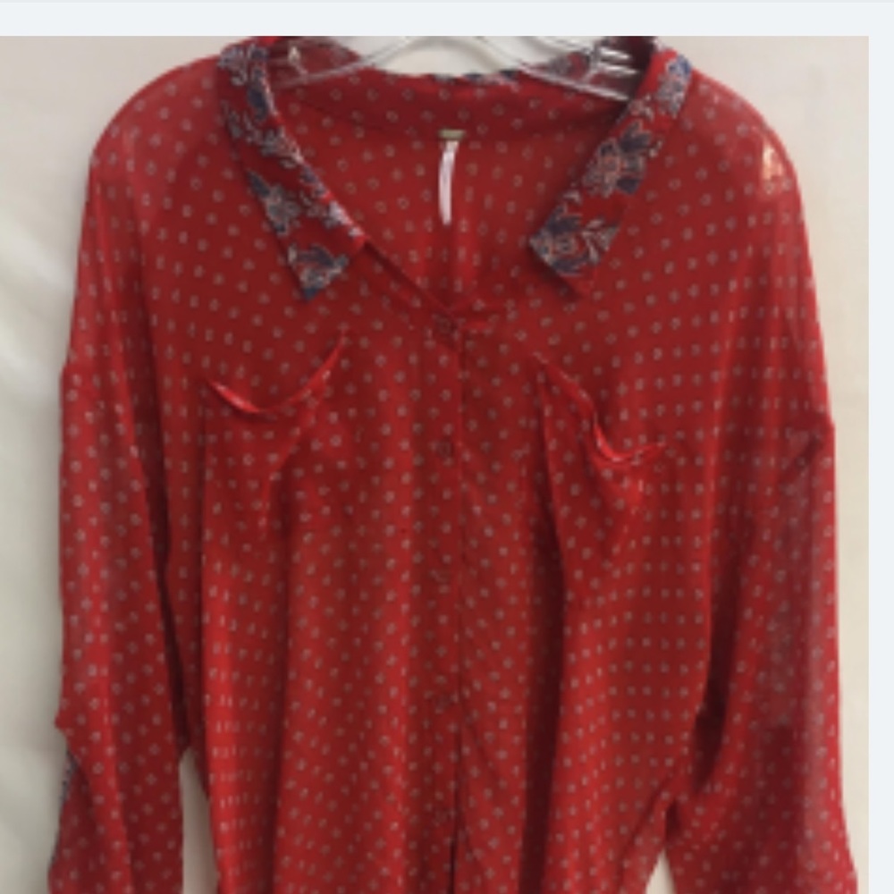Free People Red Patterned Button-Down Sheer Shirt - image 6
